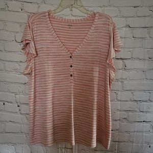 a.n.a, XXL, Peach/Ivory Striped Flutter Sleeve T-Shirt